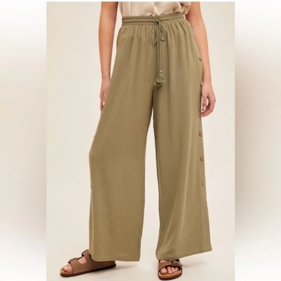Wide Leg Linen Viscose Button Pants Olive Tassel Detail - Picture 8 of 8